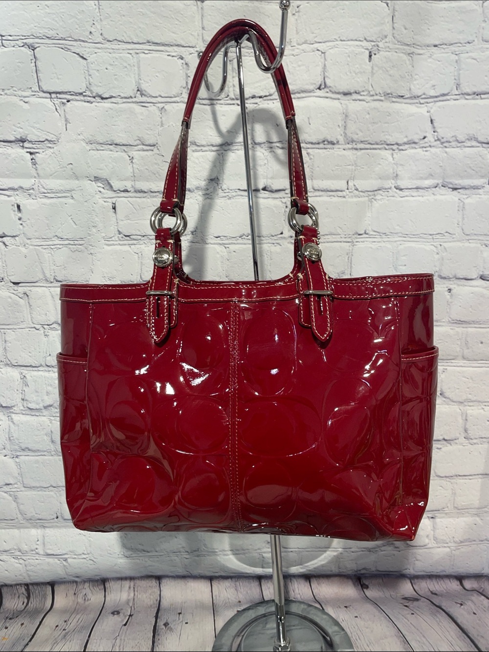 Coach Patent Quilted Tote in Cherry Red with Double Shoulder Straps